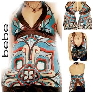 🔖bebe 100% Silk Satin Halter Top "Fiji Blue